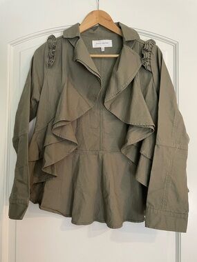 Guest Editor Army Green Women's Ruffle Open Front Utility Jacket Cotton Size S